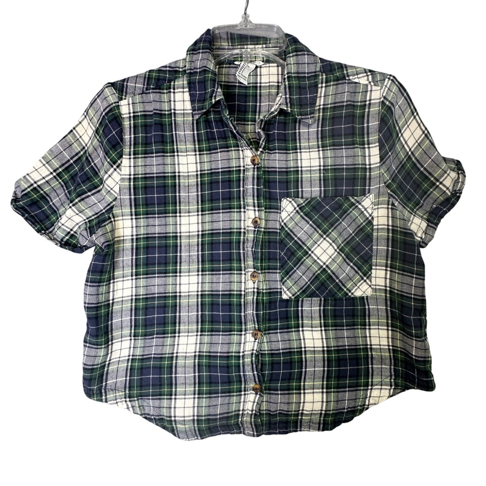 Forever 21 Plaid Cropped Button Down Shirt Short Sleeve Green Navy Small Grunge
